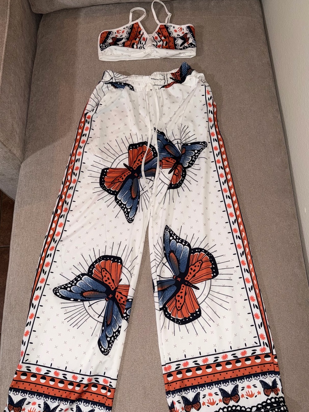 New Butterfly Print Wide-Leg Pants - White/Orange/Blue small